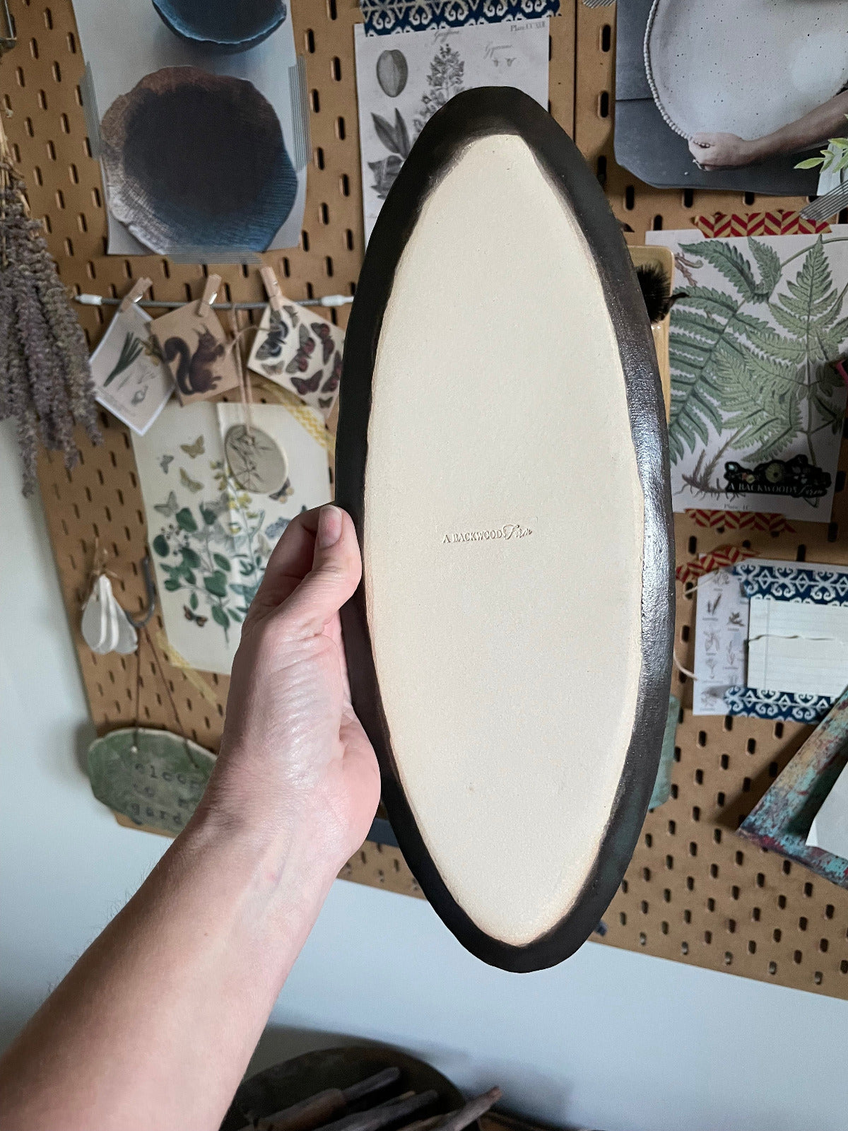 Handmade Stoneware Oval Tray in Black Matte with Burlap Texture