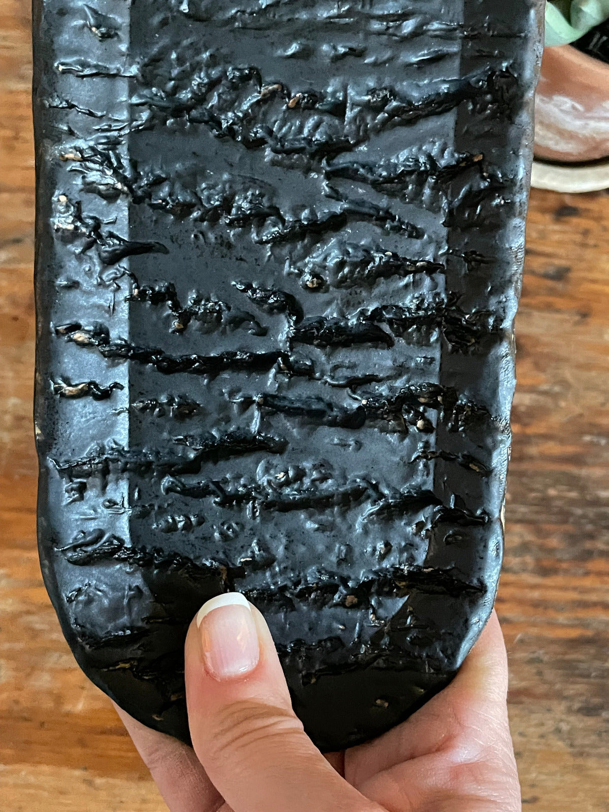 Someone holding a black matte ceramic tray showing the tree trunk texture close up.