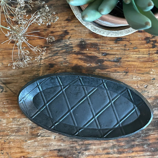 Handmade Oval Trinket Dish In Black Matte Finish and Raised Design
