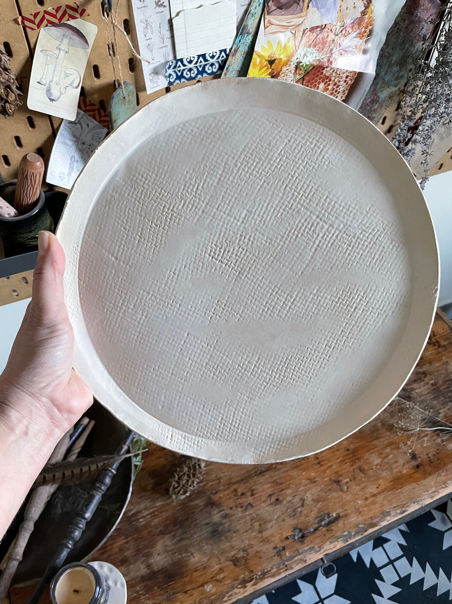 Large Handmade Ceramic Serving Platter in Matte White Finish and Burlap Texture