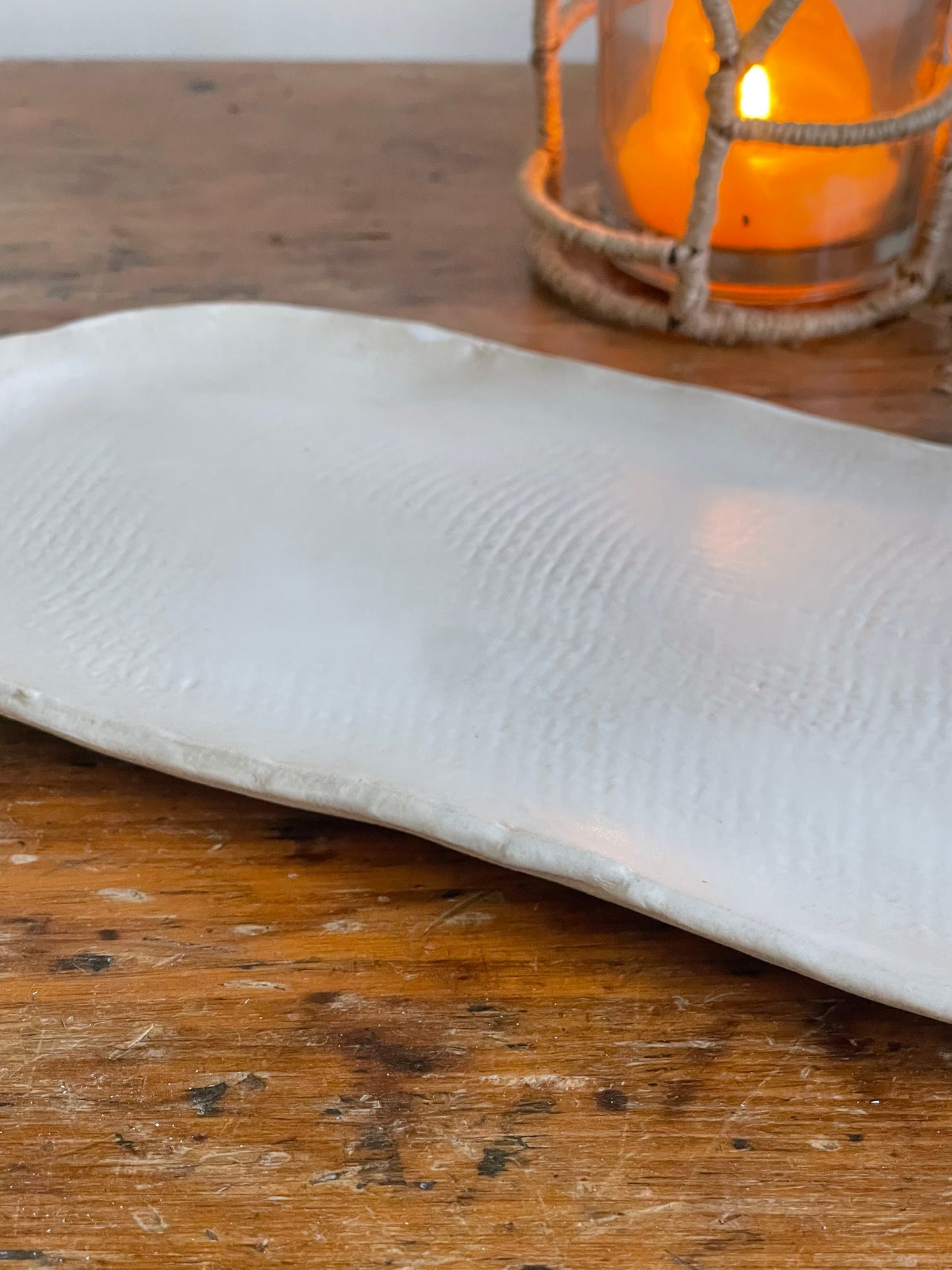 Handmade Oval Serving Platter In Matte White With Burlap Texture