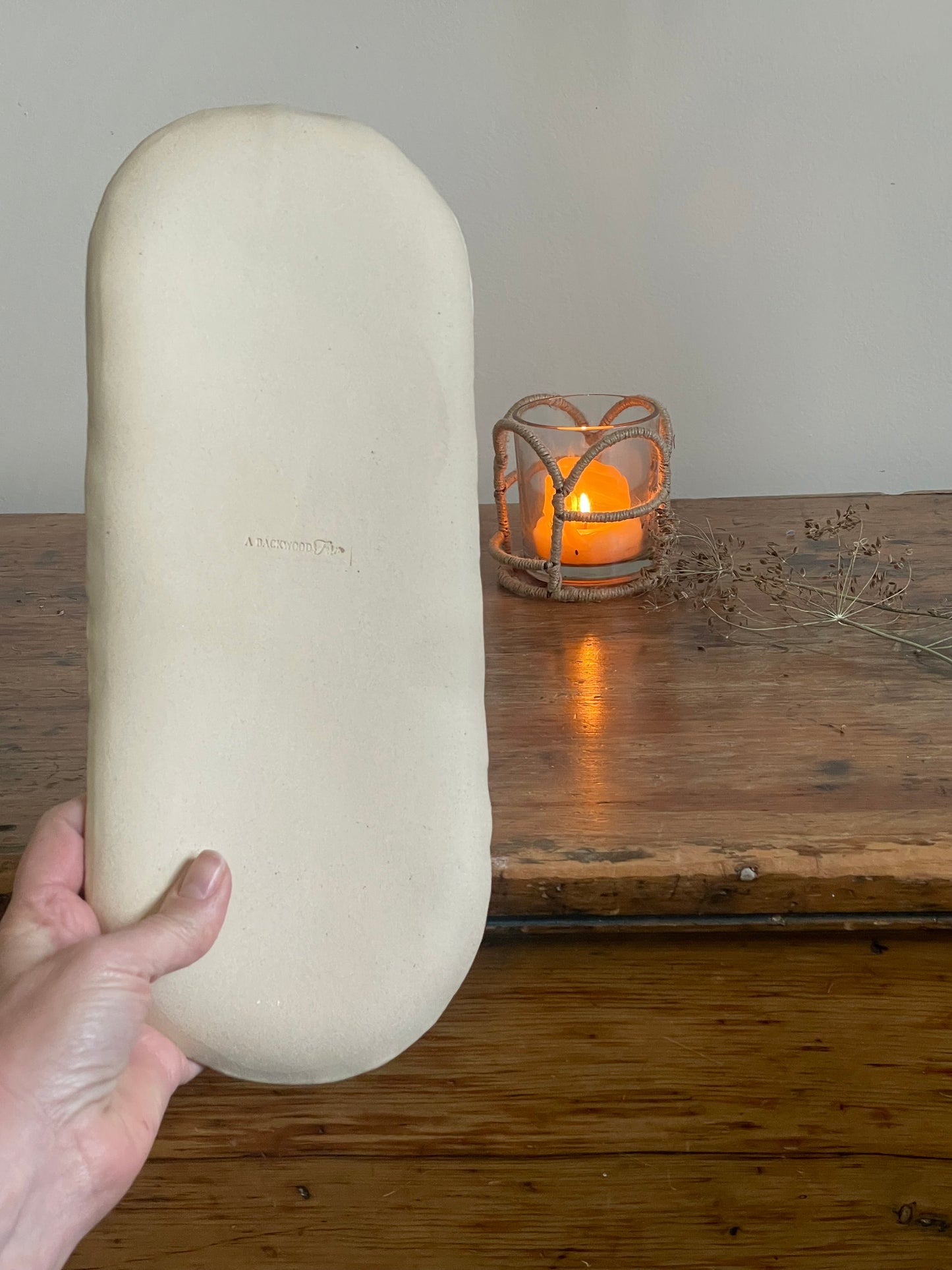 Handmade Oval Serving Platter In Matte White With Burlap Texture